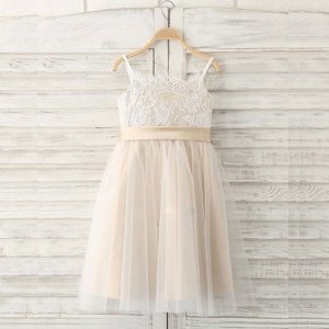 A-Line Spaghetti Straps Light Champagne Flower Girl Dress with Lace