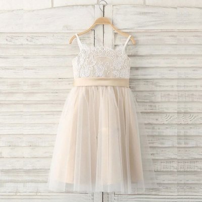 A-Line Spaghetti Straps Light Champagne Flower Girl Dress with Lace