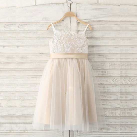 A-Line Spaghetti Straps Light Champagne Flower Girl Dress with Lace - Click Image to Close