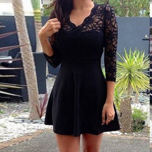 A-Line V-Neck 3/4 Sleeves Open Back Little Black Dress with Lace