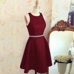 A-Line Jewel Criss-Cross Straps Burgundy Satin Homecoming Dress with Beading