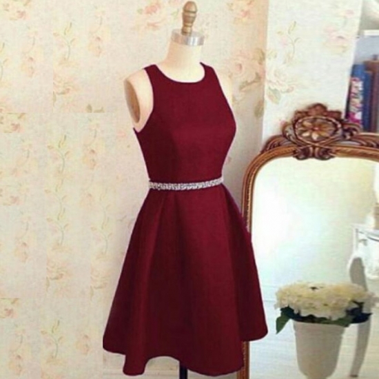 A-Line Jewel Criss-Cross Straps Burgundy Satin Homecoming Dress with Beading - Click Image to Close