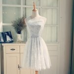 A-Line Jewel Short Light Grey Tulle Homecoming Dress with Sash Appliques