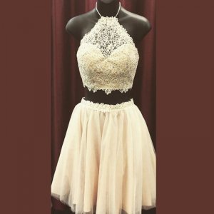 Two Piece Jewel Light Yellow Tulle Homecoming Dress with Lace