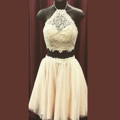 Two Piece Jewel Light Yellow Tulle Homecoming Dress with Lace