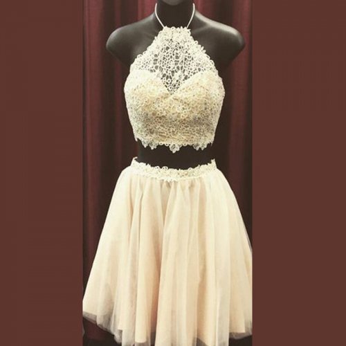 Two Piece Jewel Light Yellow Tulle Homecoming Dress with Lace