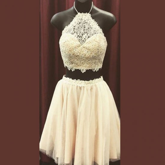 Two Piece Jewel Light Yellow Tulle Homecoming Dress with Lace - Click Image to Close
