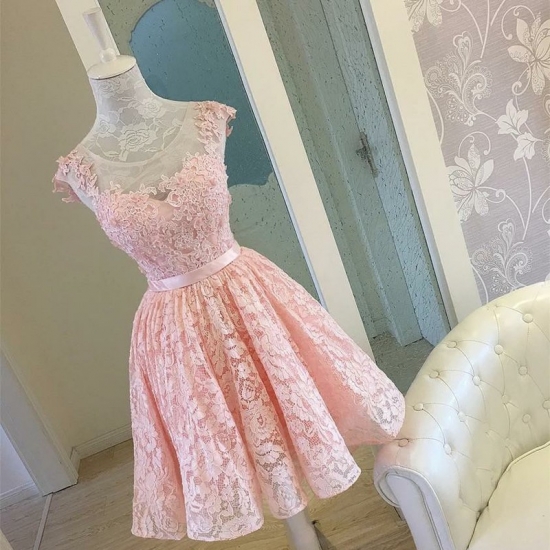 High Low Scoop Open Back Pearl Pink Lace Homecoming Dress with Appliques - Click Image to Close
