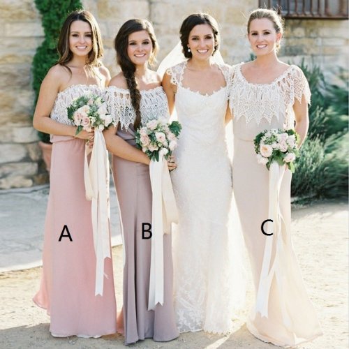 Sheath Strapless Floor-Length Chiffon Bridesmaid Dress with Lace