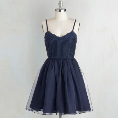 A-Line Spaghetti Straps Short Navy Blue Tulle Homecoming Dress with Lace