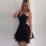 A-Line Round Neck Illusion Back Short Black Chiffon Homecoming Dress with Beading