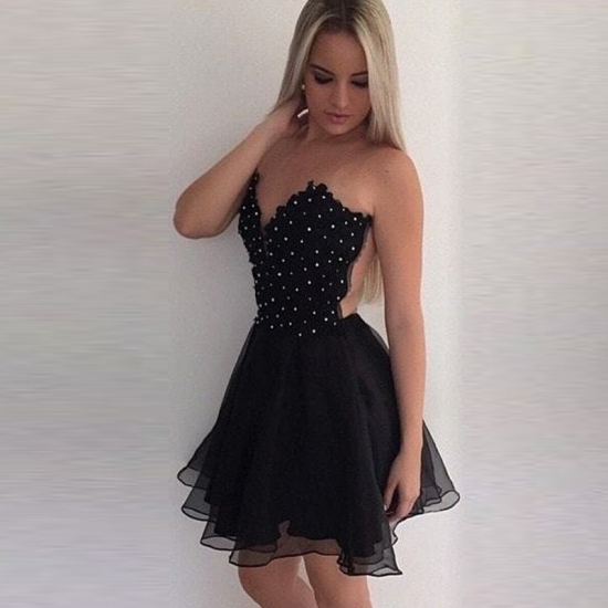 A-Line Round Neck Illusion Back Short Black Chiffon Homecoming Dress with Beading - Click Image to Close