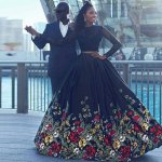 Two Piece Round Neck Long Sleeves Black Floral Satin Prom Dress with Lace