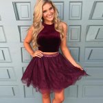 Two Piece Round Neck Short Grape Lace Beaded Homecoming Dress