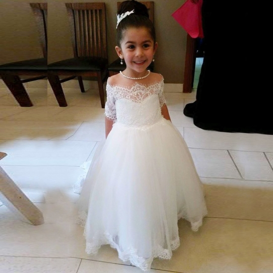 A-Line Off-the-Shoulder Short Sleeves White Tulle Flower Girl Dress with Appliques - Click Image to Close