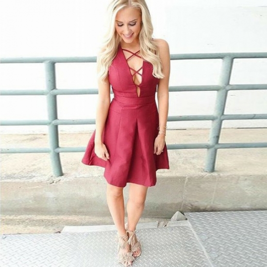 A-Line V-Neck Lace-up Front Maroon Satin Homecoming Dress - Click Image to Close