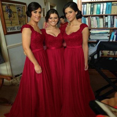 A-Line Scoop Floor-Length Red Chiffon Bridesmaid Dress with Lace