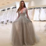A-Line Scoop Long Sleeves Gray Tulle Prom Dress with Beading
