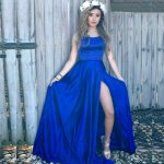 A-Line Halter Backless Sweep Train Royal Blue Prom Dress with Split