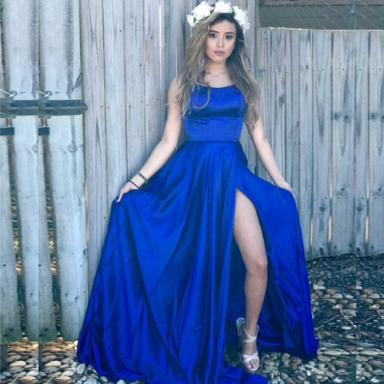 A-Line Halter Backless Sweep Train Royal Blue Prom Dress with Split - Click Image to Close