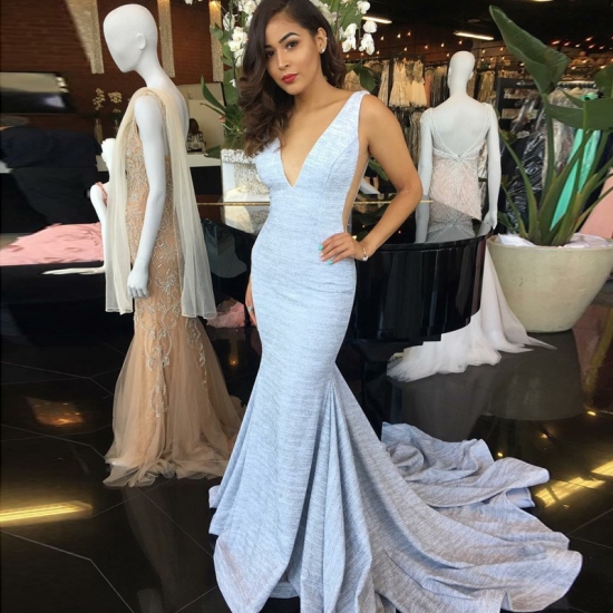 Mermaid Deep V-Neck Backless Sweep Train Gray Stretch Satin Prom Dress - Click Image to Close