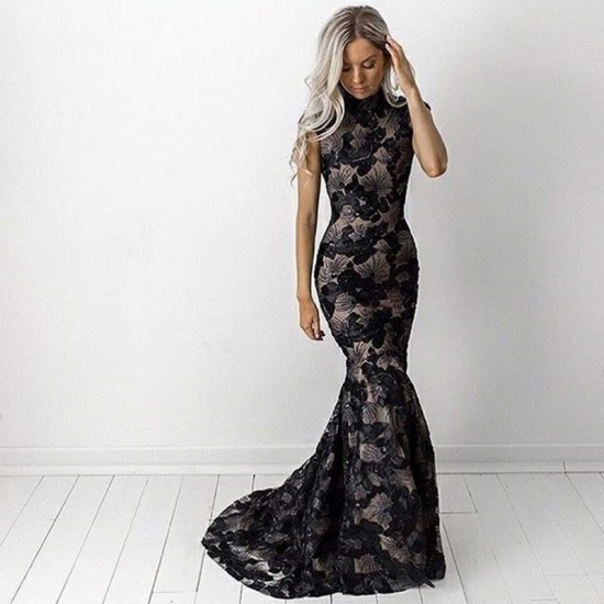 Mermaid High Neck Sweep Train Black Lace Prom Dress - Click Image to Close