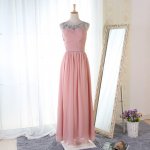 A-Line Round Neck Floor-Length Pink Chiffon Prom Dress with Beading