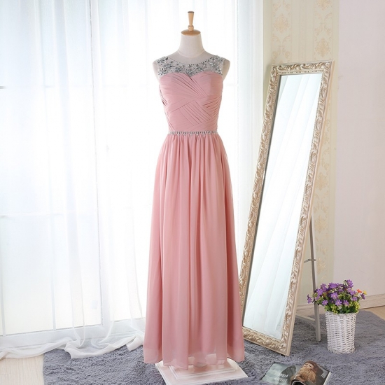 A-Line Round Neck Floor-Length Pink Chiffon Prom Dress with Beading - Click Image to Close