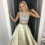 Two Piece Round Neck Sweep Train Champagne Prom Dress with Beading Pockets