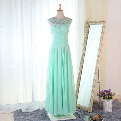 A-Line Round Neck Floor-Length Mint Chiffon Bridesmaid Dress with Appliques Beading