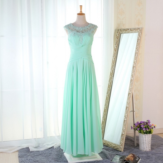 A-Line Round Neck Floor-Length Mint Chiffon Bridesmaid Dress with Appliques Beading - Click Image to Close