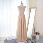 A-Line Round Neck Floor-Length Light Champagne Bridesmaid Dress with Appliques