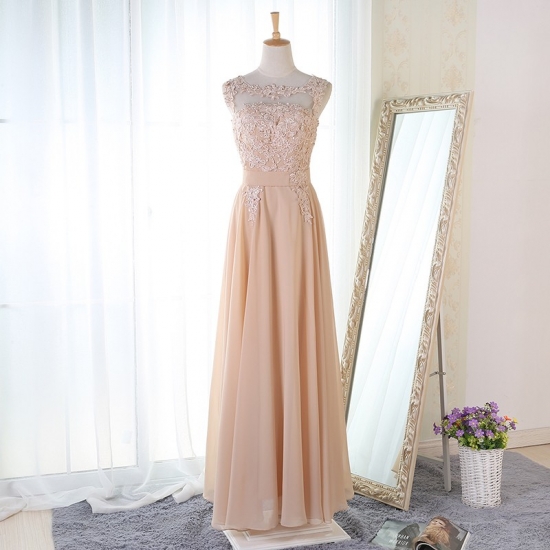 A-Line Round Neck Floor-Length Light Champagne Bridesmaid Dress with Appliques - Click Image to Close