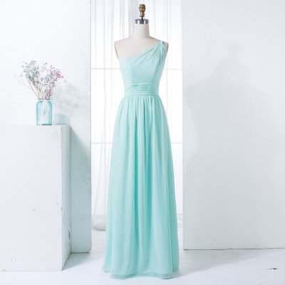 A-Line One-Shoulder Mint Chiffon Bridesmaid Dress with Beading Pleats