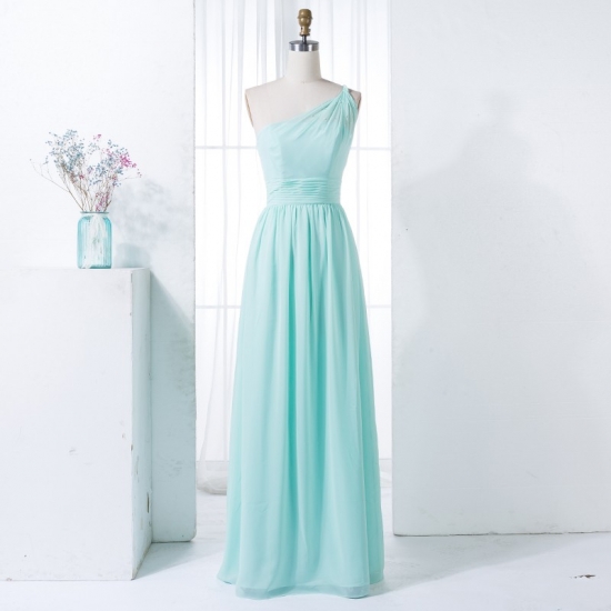 A-Line One-Shoulder Mint Chiffon Bridesmaid Dress with Beading Pleats - Click Image to Close