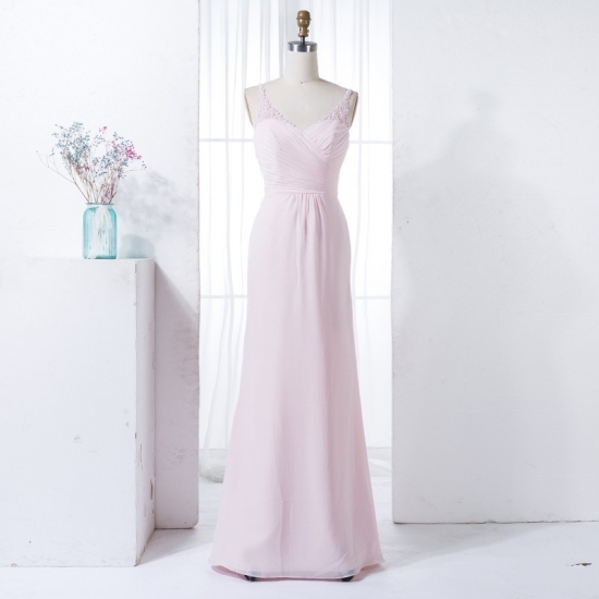Sheath V-Neck Floor-Length Pearl Pink Chiffon Bridesmaid Dress with Lace - Click Image to Close