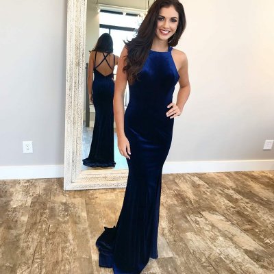 Mermaid Square Neck Floor-Length Dark Blue Velvet Prom Dress