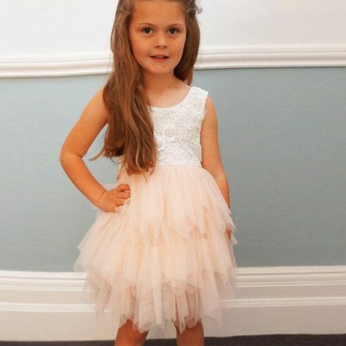 Ball Gown Round Neck Backless Light Champagne Flower Girl Dress with Lace