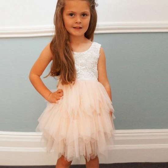 Ball Gown Round Neck Backless Light Champagne Flower Girl Dress with Lace - Click Image to Close