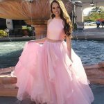 Two Piece Round Neck Long Pink Tiered Prom Dress with Beading