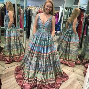 A-Line V-Neck Sweep Train Vintage Printed Prom Dress with Pockets