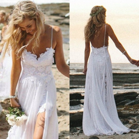 New Arrival Charming Spaghetti Straps Long Beach Wedding Dress with Appliques Lace - Click Image to Close