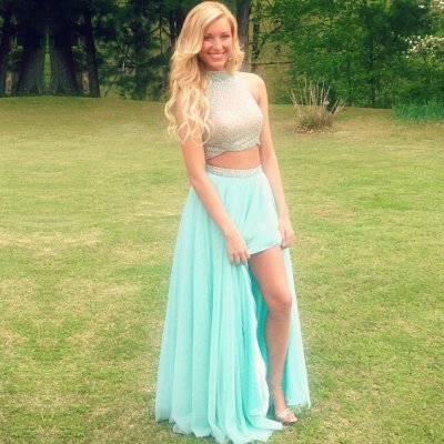 Two Piece High Neck Mint Green Tulle Prom Dress with Beading Open Back