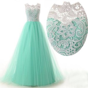 Elegant A-Line Floor Length Tulle Scoop Sleeveless White Prom Dress