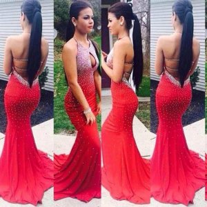 Halter Floor Length Chiffon Red Sleeveless Mermaid Prom Dress With Beading