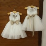 Beauty Jewel White Lace Tulle Princess Flower Girl Dress with Bowknot