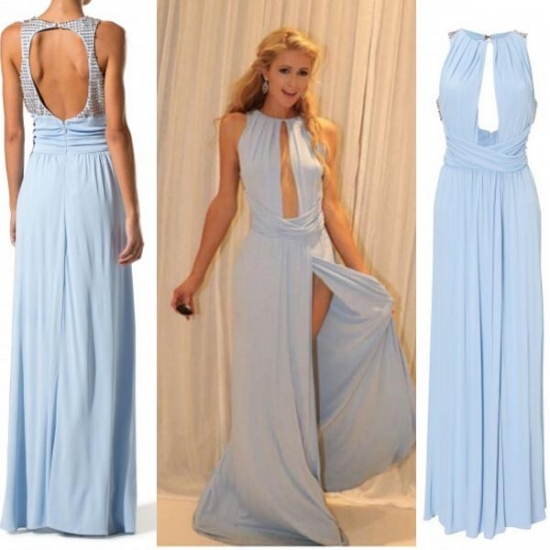 Long Chiffon Prom Dress - Jewl A-Line Blue Split Front with Beaded - Click Image to Close
