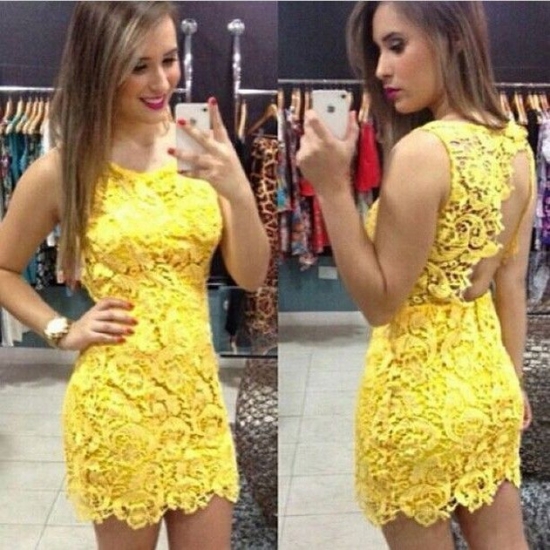 Short/Mini Backless Lace Prom/Homecoming Dress - Yellow Sheath Scoop - Click Image to Close