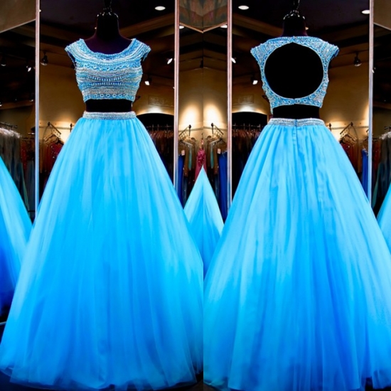 Casual Two Piece Prom Dress -Blue A-Line Scoop Sleeveles with Beading - Click Image to Close