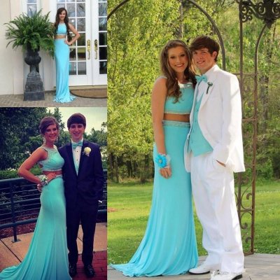 Sexy Two Piece Prom Dress - Blue A-Line with Beaded for Women